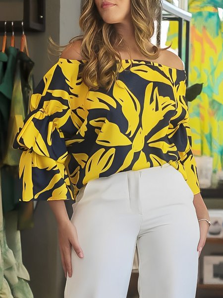 

Vacation Floral Printing Off The Shoulder Blouse, Yellow, Blouses and Shirts