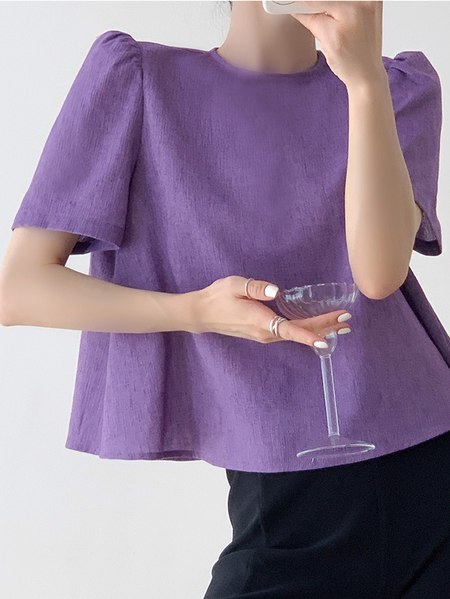 Cotton And Linen Vacation Plain Blouse, Purple, Blouses and Shirts