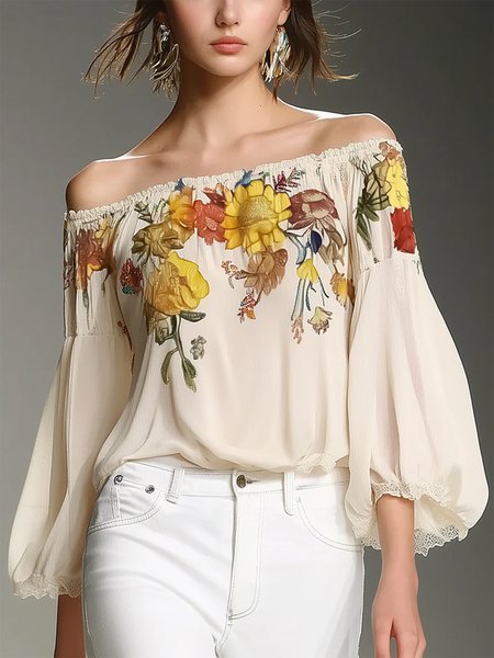 

Casual Floral Printing Cold Shoulder Loosen Blouse, As picture, Blouses and Shirts