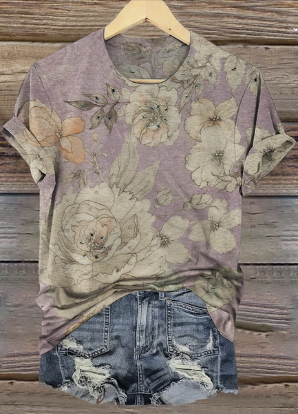 

Casual Floral Crew Neck Short Sleeve T-shirt, Light purple, T-shirts