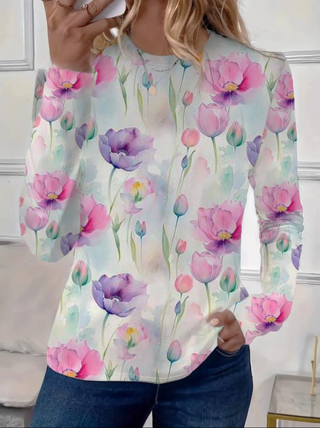 

Women's Floral Long Sleeve Tee T-shirt Crew Neck Printing Casual Spring/Fall Graphic Tee Top, As picture, T-Shirts