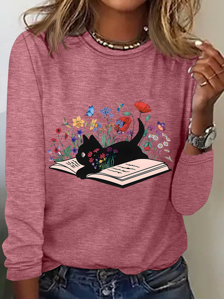 

Cute Floral Cat Casual Long Sleeve Shirt, Watermelon, Long sleeves