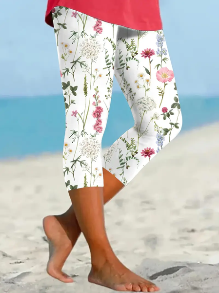 

Women's Floral Spring Print Casual Leggings, White, Pants