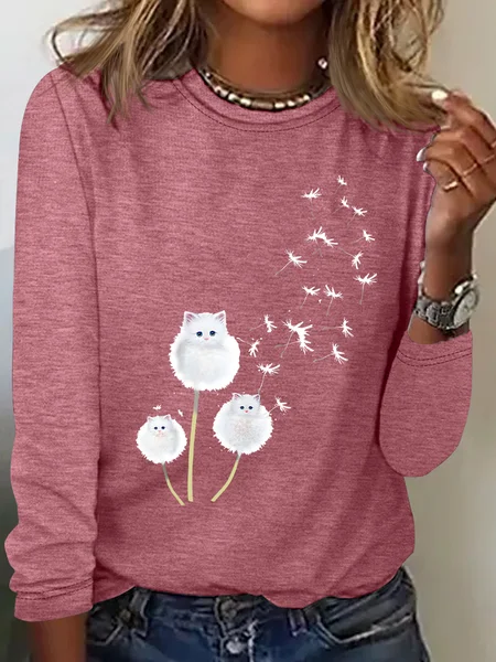 

Cat Dandelion Flower Casual Long Sleeve Shirt, Watermelon, Long sleeves