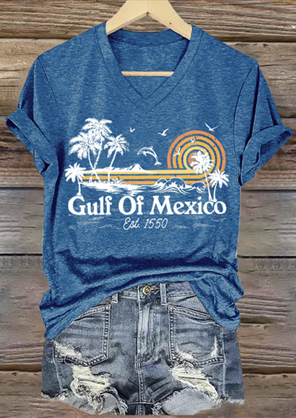 

Casual Text Letters V Neck Short Sleeve T-shirt, Blue, T-shirts