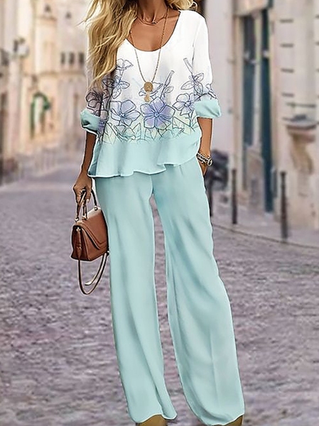 

Women Floral Crew Neck Long Sleeve Comfy Casual Printing Top With Pants Two-Piece Set, Green, Sets