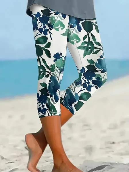 

Women's Floral Capris Elastic Waist Pant Casual Summer Trousers, As picture, Leggings