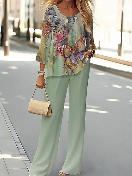 

Women Floral Printing Two-Piece Set Daily Long Sleeve Casual Spring/Fall Top With Pants Matching Set, Green, Sets