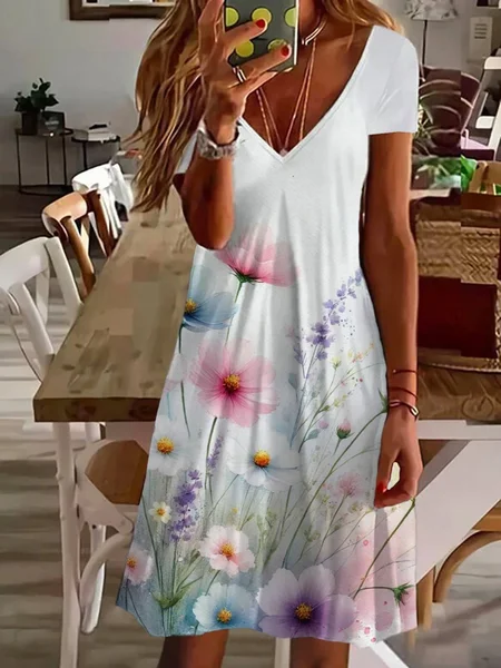 

Women's Floral Spring Print Casual V-Neck Short Sleeve Dress, White, Dresses