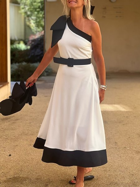 

Elegant Color Block One Shoulder Maxi Dress With Belt, White, Maxi Dresses