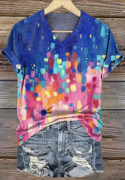 

Casual Geometric Crew Neck Short Sleeve T-shirt, Blue, T-shirts