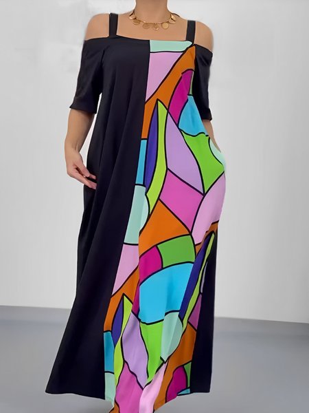 Casual Abstract Graphic Off Shoulder Sleeve Printing Maxi Dress, Black, Maxi Dresses