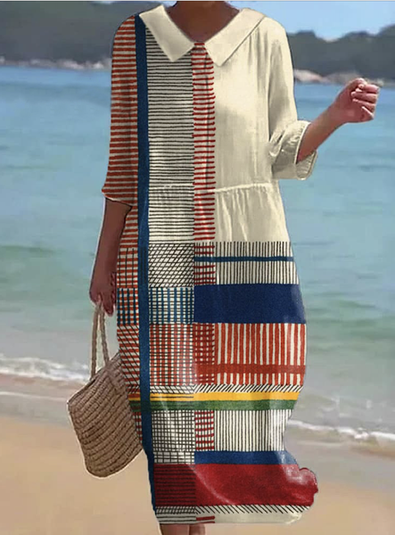 

Women Geometric Crew Neck Half Sleeve Comfy Casual Maxi Dress, Apricot, Maxi