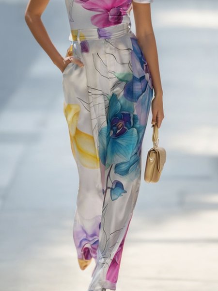 

Vacation Floral Printing Straight Pants, White, Pants