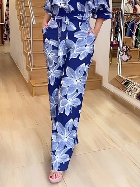 Vacation Floral Straight Pants With Belt, Blue, Pants