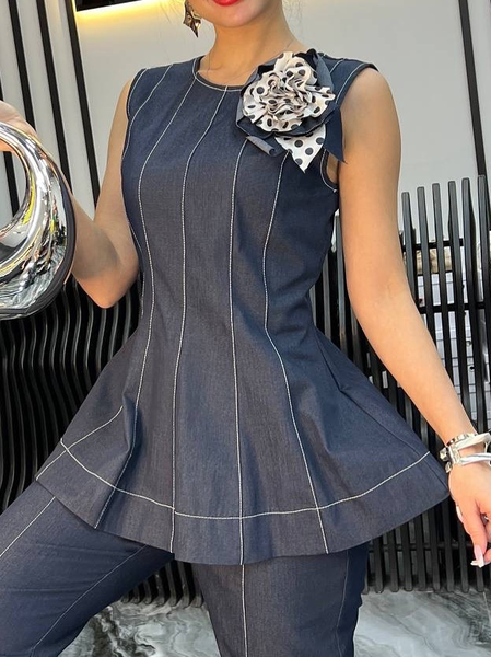 

Urban Plain Zipper Denim Top With Brooch, As picture, Tanks and Camis