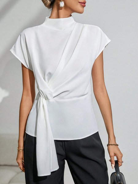 

Urban Plain Lace-up Stand Collar Blouse, White, Blouses and Shirts