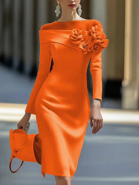 

Elegant 3D Floral Crew Neck Formal Dress, Orange, Midi Dresses