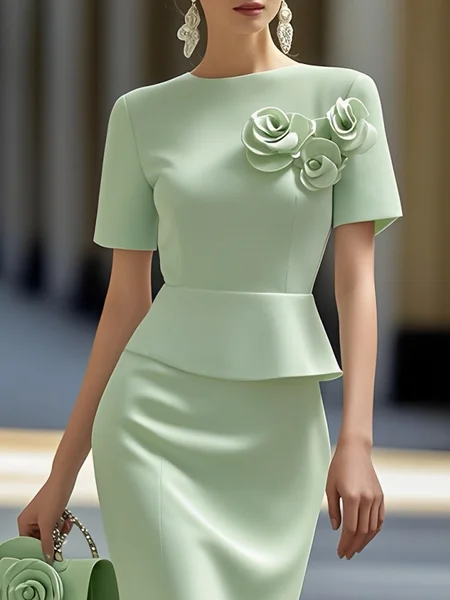 

Urban Plain 3D Floral Crew Neck Blouse, Lightgreen, Blouses and Shirts