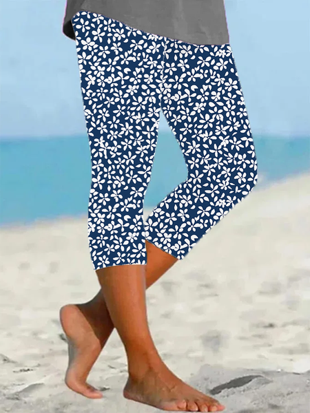 

Women's Floral Capris Elastic Waist Pant Casual Summer Trousers, Purplish blue, Leggings