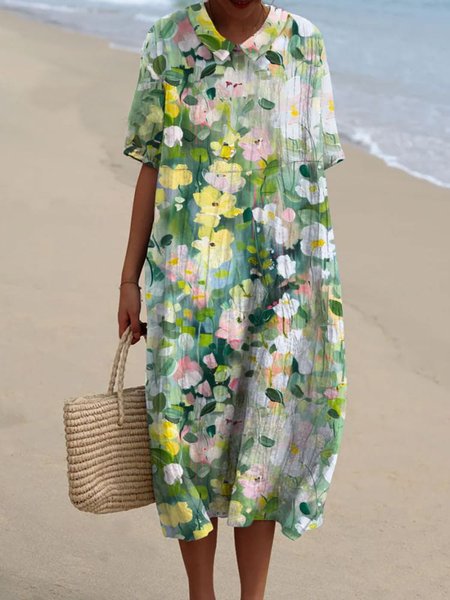 

Women Floral Crew Neck Half Sleeve Comfy Casual Maxi Dress, Lightgreen, Maxi