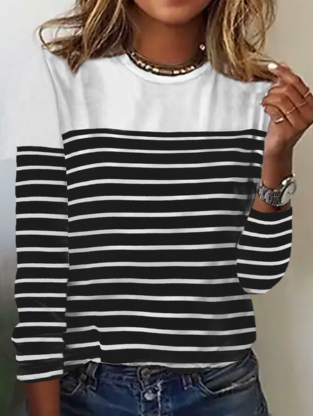 

Casual Striped Crew Neck Long Sleeve T-shirt, White, T-shirts