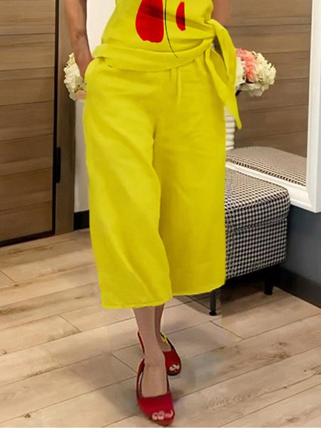 Cotton And Linen Casual Loosen Wide Leg Pants, Yellow, Pants