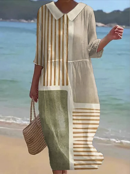 

Women Geometric Crew Neck Half Sleeve Comfy Casual Maxi Dress, Apricot, Maxi
