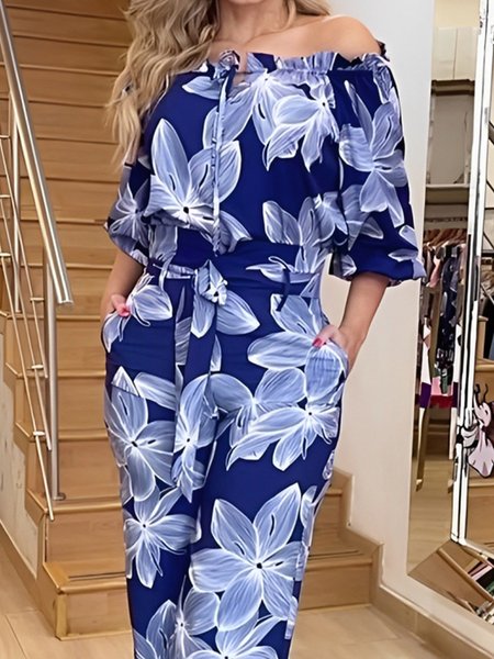 

Vacation Floral Printing Cold Shoulder Balloon Sleeve Blouse, Blue, Blouses and Shirts