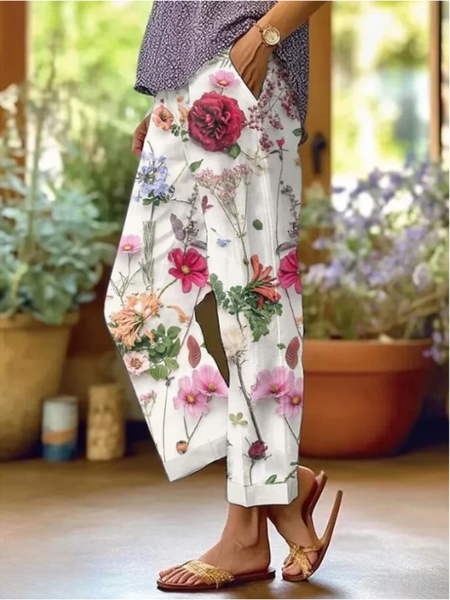 

Casual Floral Print Daily H-Line Linen Pants, White, Pants