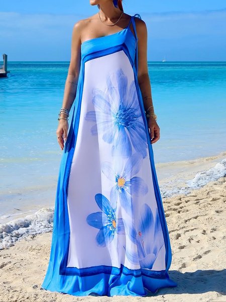 

Vacation Floral Printing One Shoulder Maxi Dress, Blue, Maxi Dresses