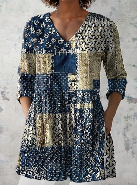 

Women Geometric V Neck Casual Long Sleeve T-shirt, Navyblue, Blouses & Shirts