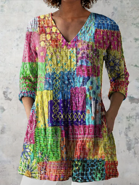

Casual Geometric V Neck Long Sleeve T-shirt, Multicolor, T-shirts