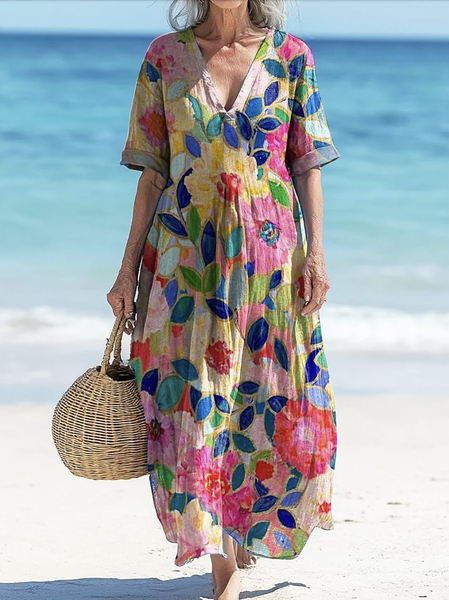Women Floral V Neck Short Sleeve Comfy Casual Maxi Dress, Pink, Maxi