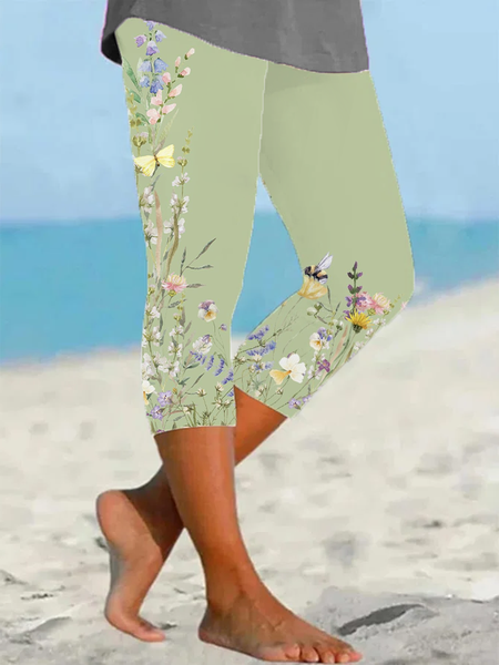 

Women's Floral Spring Print Casual Leggings, Green, Pants