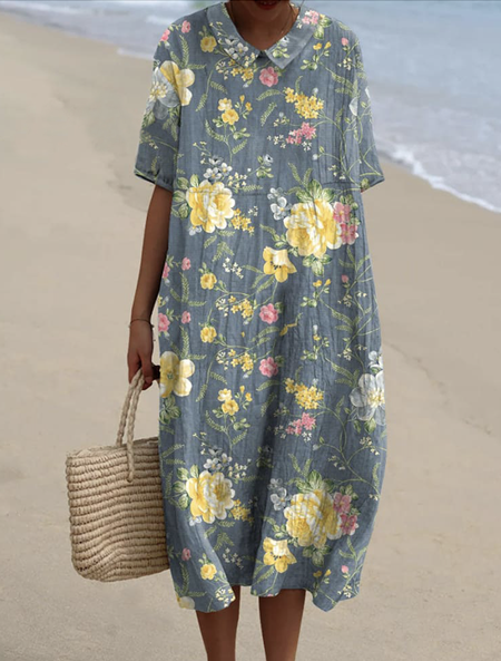 

Women Floral Crew Neck Half Sleeve Comfy Casual Maxi Dress, Light blue, Maxi