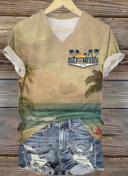 

Casual Floral V Neck Short Sleeve T-shirt, Khaki, T-shirts