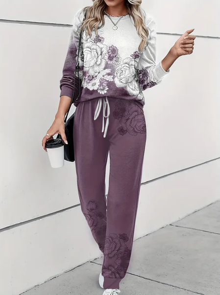 

Women's Printing Floral Daily Going Out Two Piece Set Long Sleeve Casual Spring/Fall Top With Pants Matching Set, Purple, Suit Set