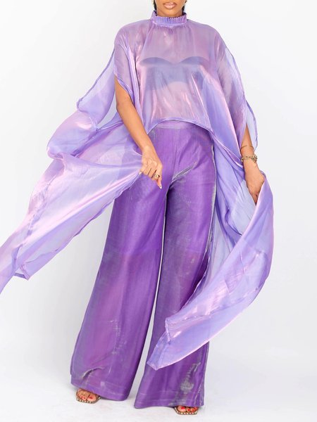 Elegant Plain Irregular Craftsmanship Stand Collar Blouse No Vest, Purple, Blouses and Shirts