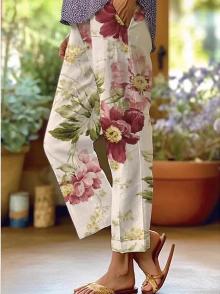 

Casual Floral Print Daily H-Line Vintage Linen Pants, White, Pants