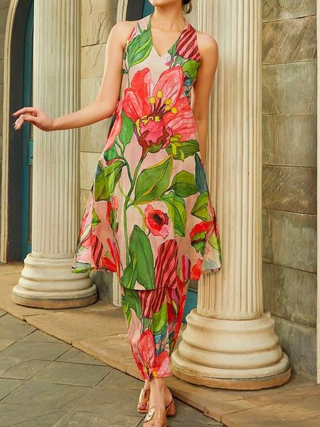 

Casual Floral Printing V Neck Tank Top, As picture, Tanks and Camis
