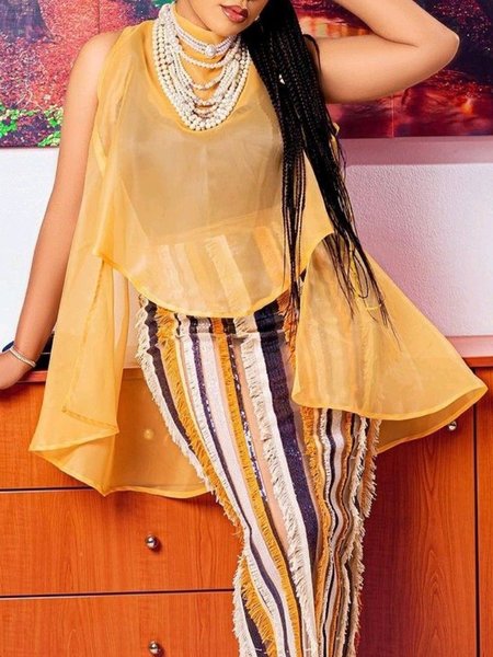

Urban Plain Irregular Craftsmanship Blouse No Vest, Yellow, Blouses and Shirts