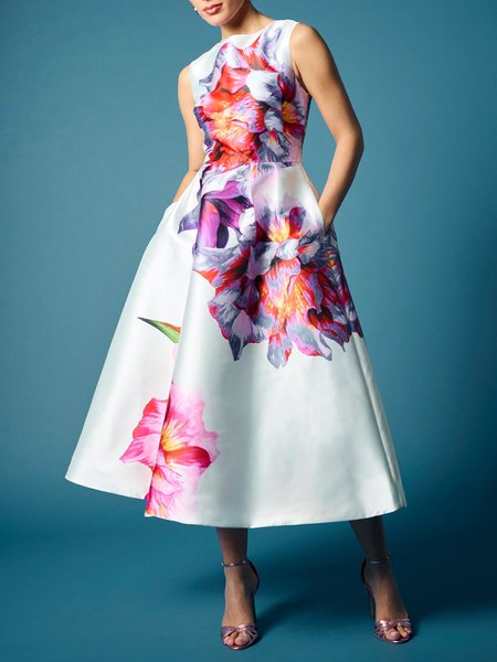 

Urban Floral Printing Crew Neck Midi Dress, As picture, Maxi Dresses