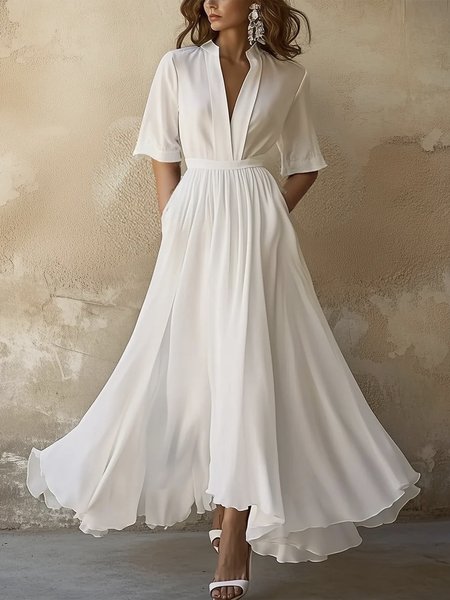 

Elegant Plain V Neck Maxi Dress, White, Maxi Dresses