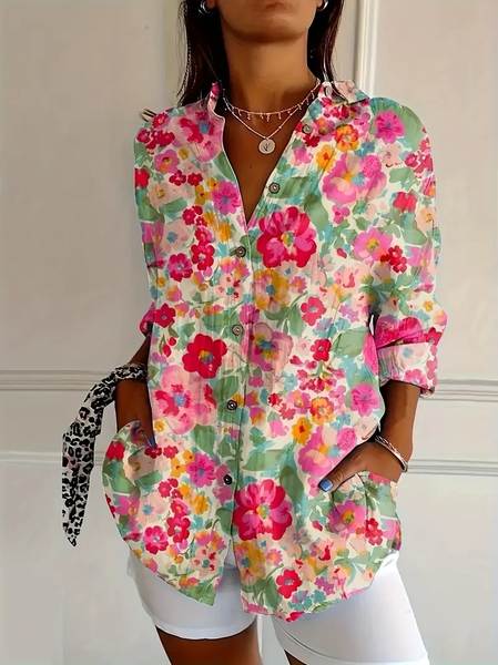 

Women's Floral Long Sleeve Shirt Spring/Fall Buckle Shirt Collar Daily Casual Top, As picture, Shirts