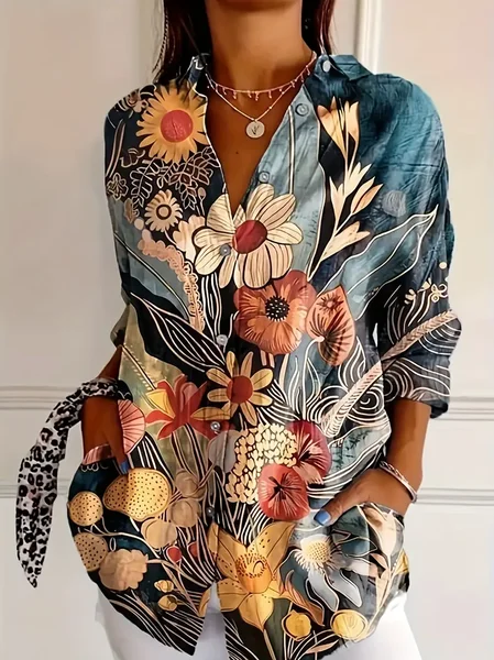 

Women's Long Sleeve Shirt Spring/Fall As Picture Floral Buckle Shirt Collar Daily Going Out Casual Top, Blouses