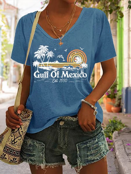 

Casual Floral V Neck Short Sleeve T-shirt, Blue, T-shirts