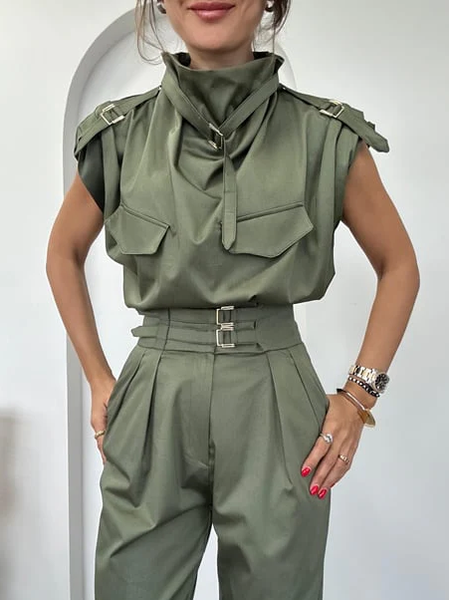 

Urban Plain Pockets Turtleneck Blouse, Green, Blouses and Shirts