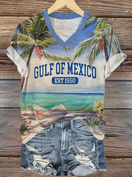 

Casual Floral V Neck Short Sleeve T-shirt, Light blue, T-shirts