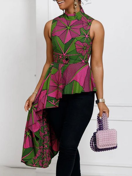 

Urban Ethnic Patterns Printing Irregular Stand Collar Blouse, As picture, Blouses and Shirts